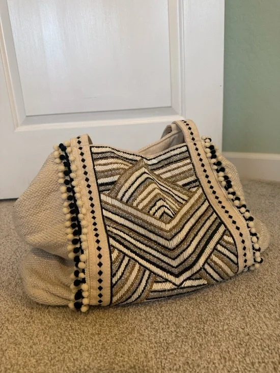 Medium Cream Geometric Embroidered Tote with Black & Gold Trim - Picture 1 of 7